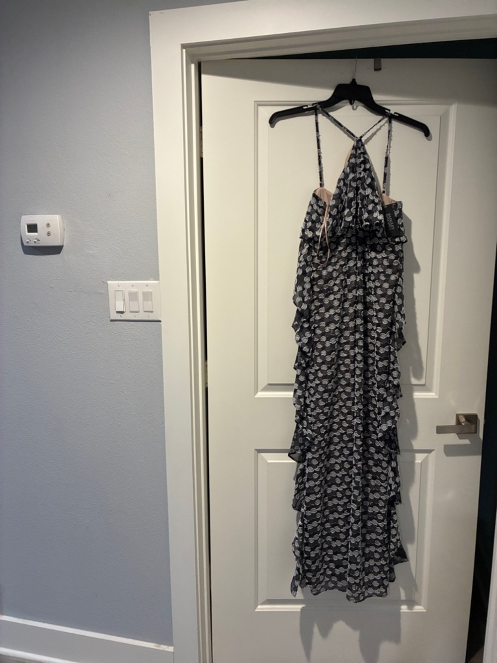 Jewel Badgley Mischka Black & White Printed Ruffle Maxi Dress